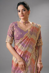 Pink and Multi Colored Tissue Saree with Embroidery