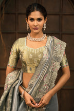 Smoky Grey Silk Saree with Embroidered Border - red silk saree embroidered
