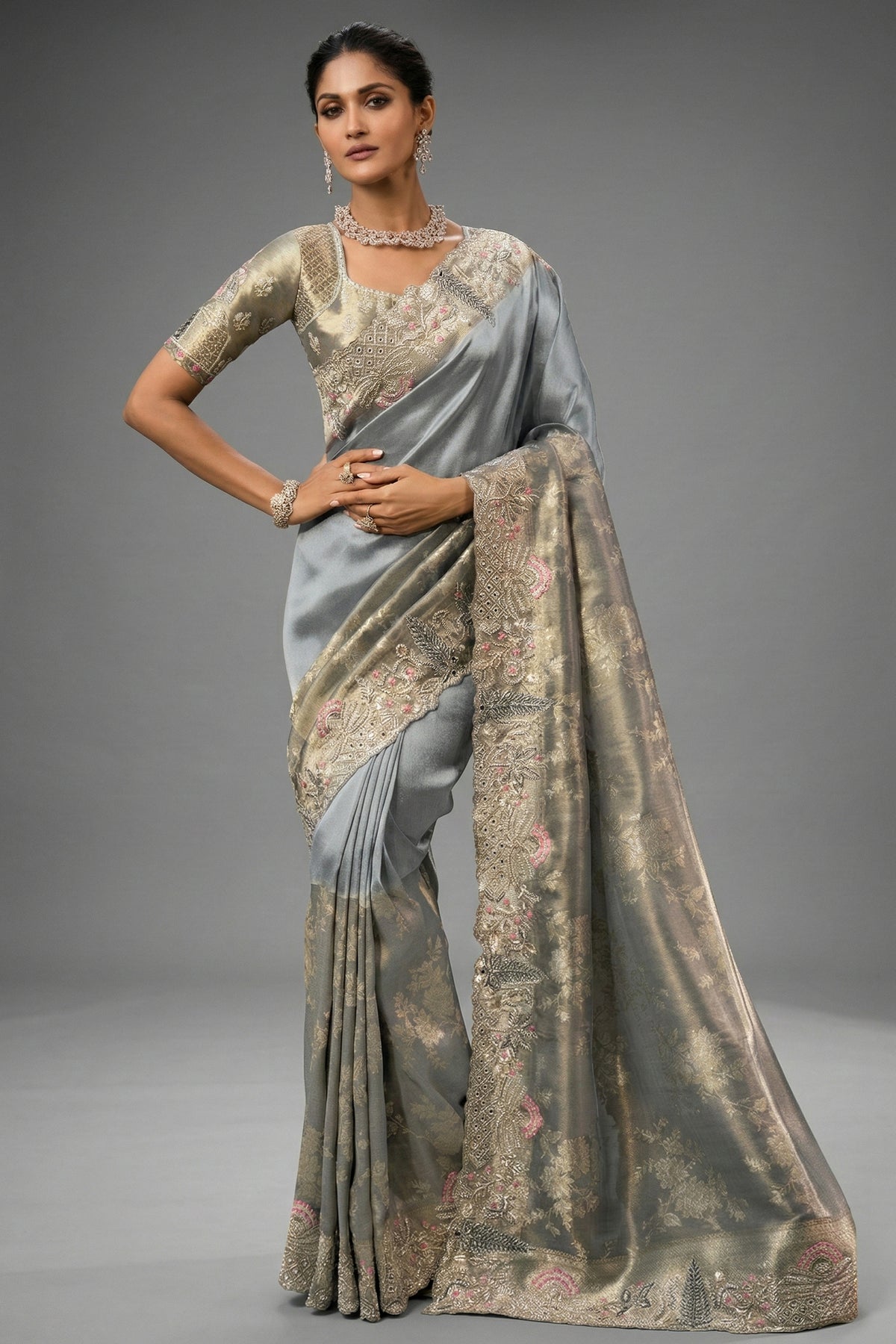 Smoky Grey Silk Saree with Embroidered Border - red silk saree embroidered