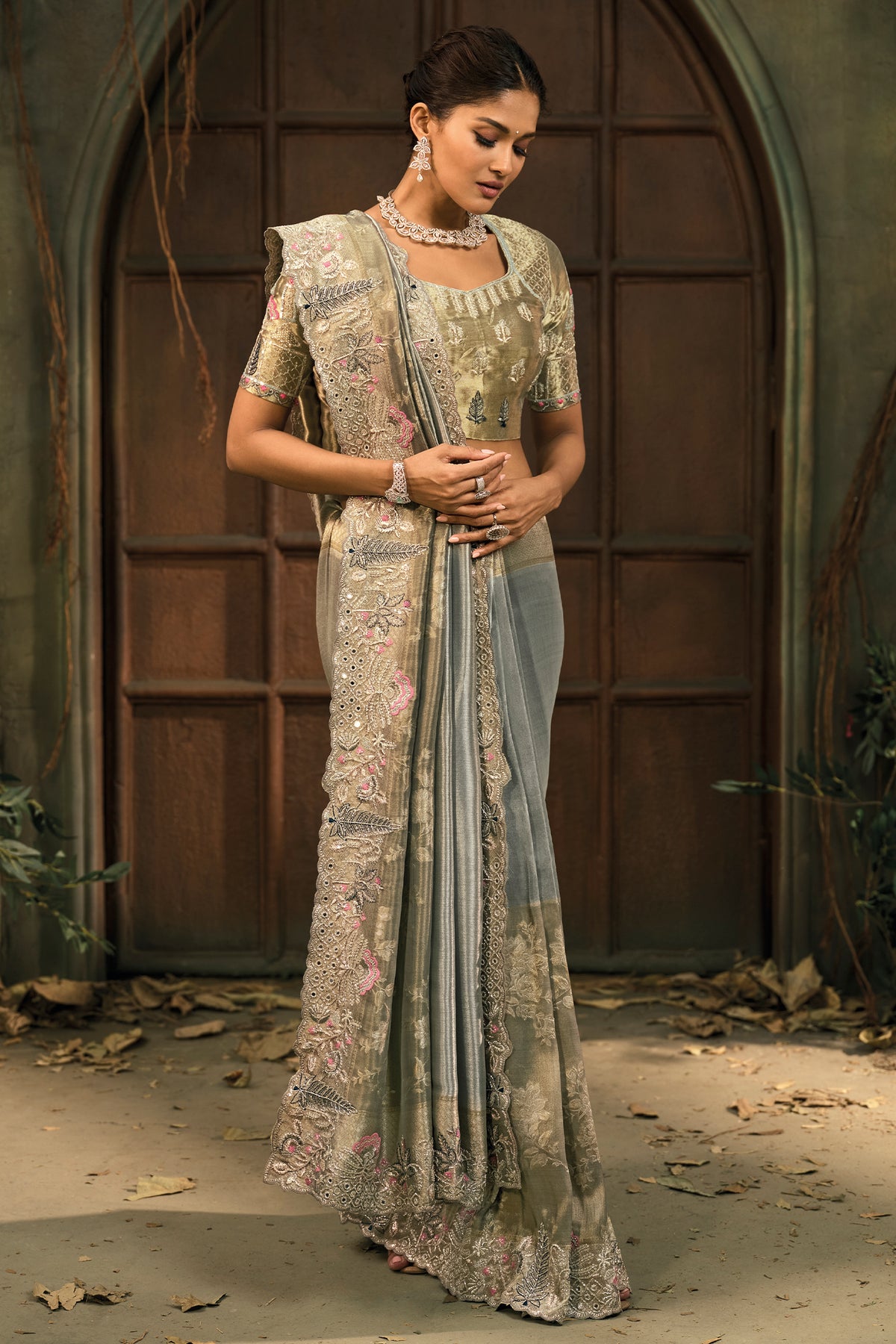 Smoky Grey Silk Saree with Embroidered Border - red silk saree embroidered