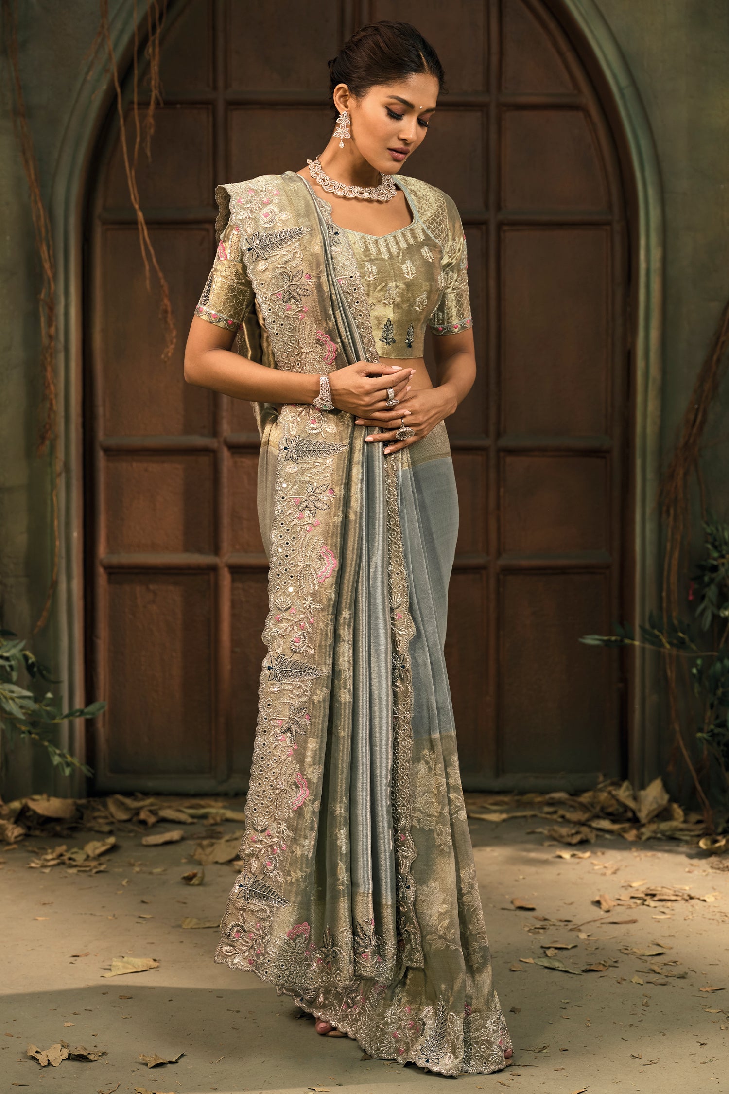 Smoky Grey Silk Saree with Embroidered Border - red silk saree embroidered