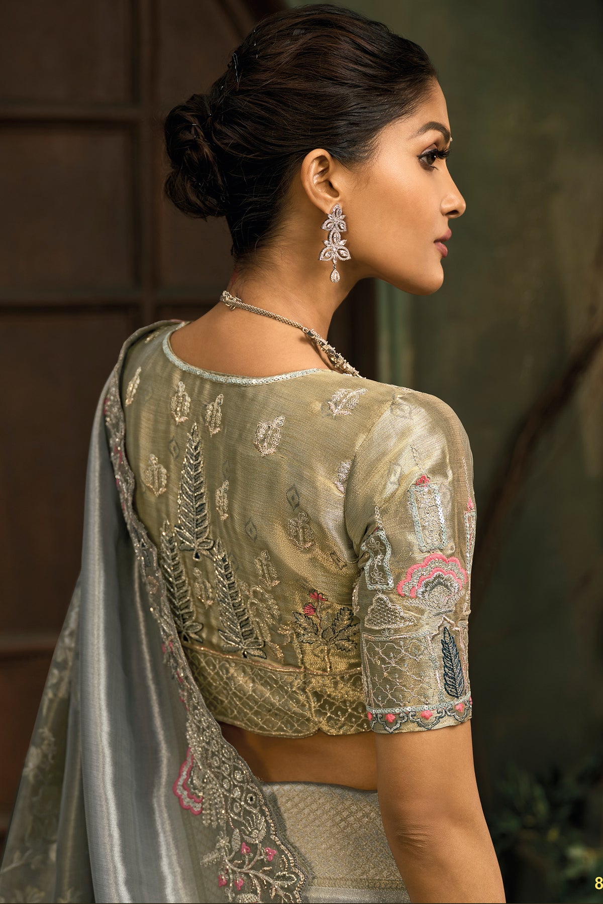 Smoky Grey Silk Saree with Embroidered Border - red silk saree embroidered