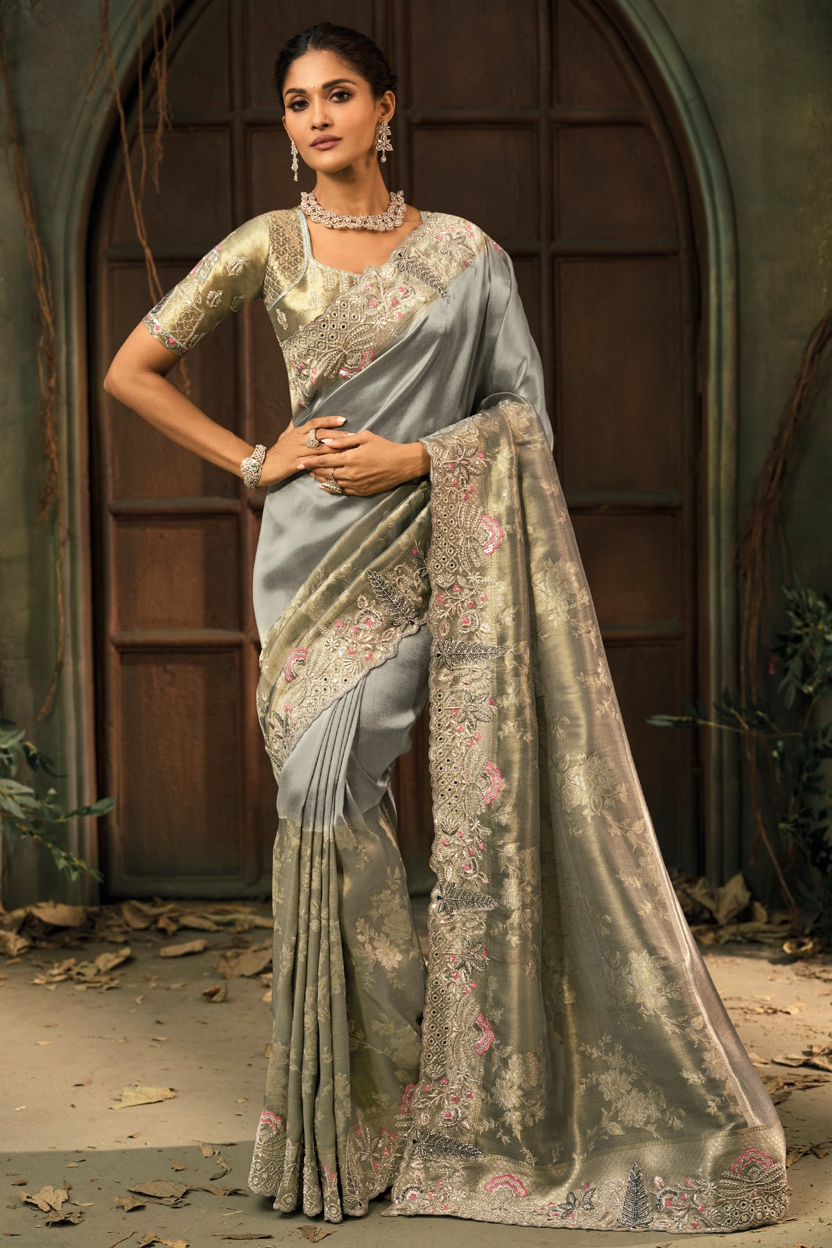 Smoky Grey Silk Saree with Embroidered Border - red silk saree embroidered