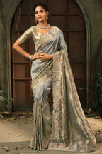 Smoky Grey Silk Saree with Embroidered Border - red silk saree embroidered