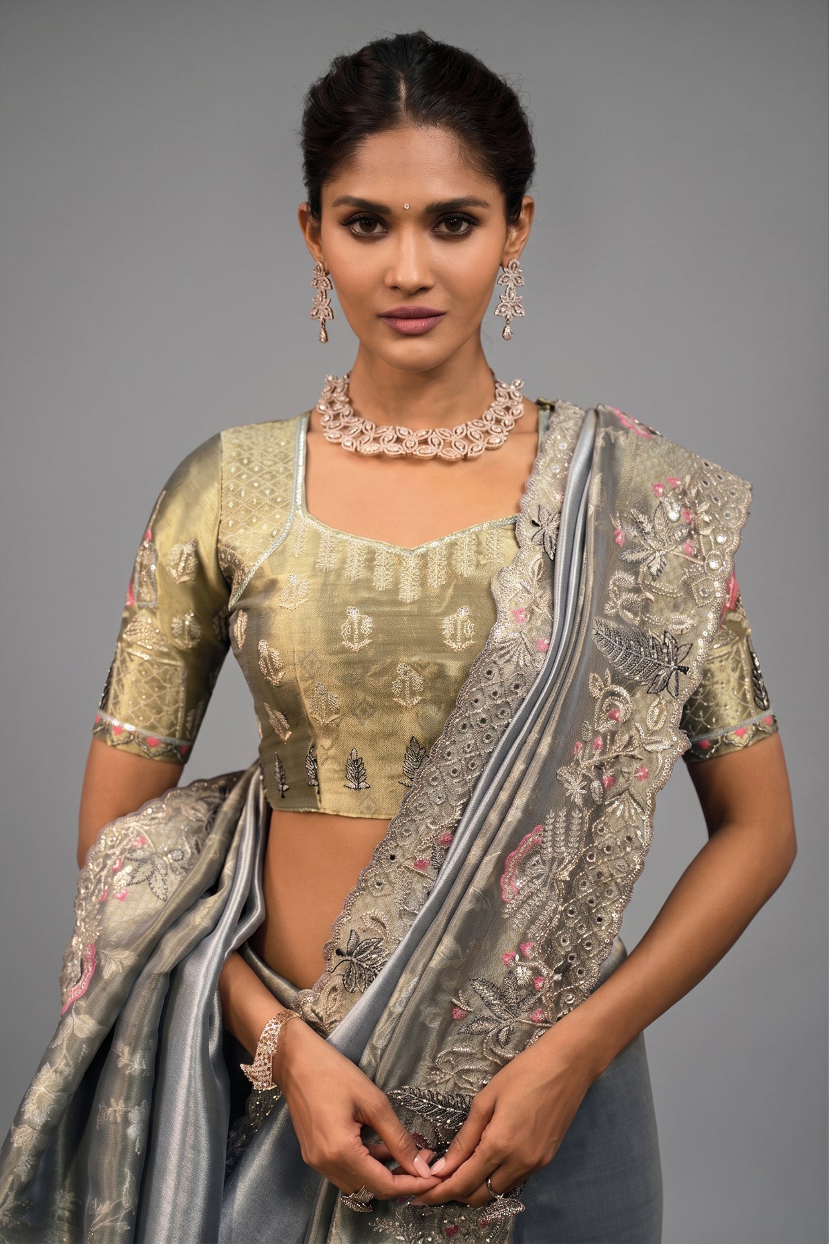 Smoky Grey Silk Saree with Embroidered Border - red silk saree embroidered