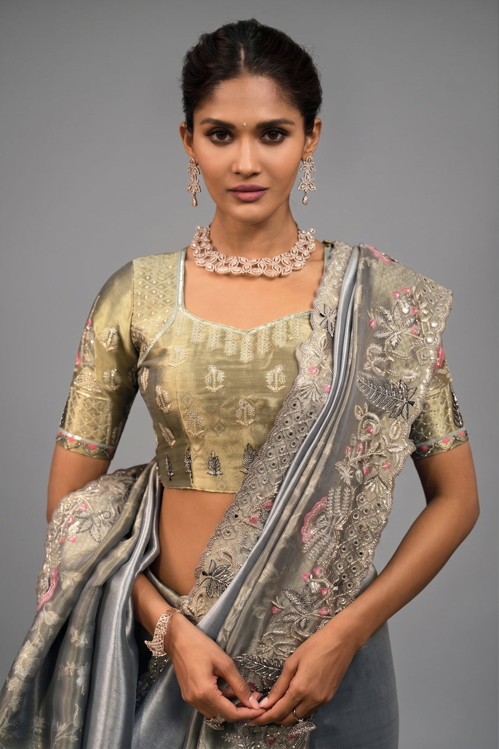 Smoky Grey Silk Saree with Embroidered Border - red silk saree embroidered