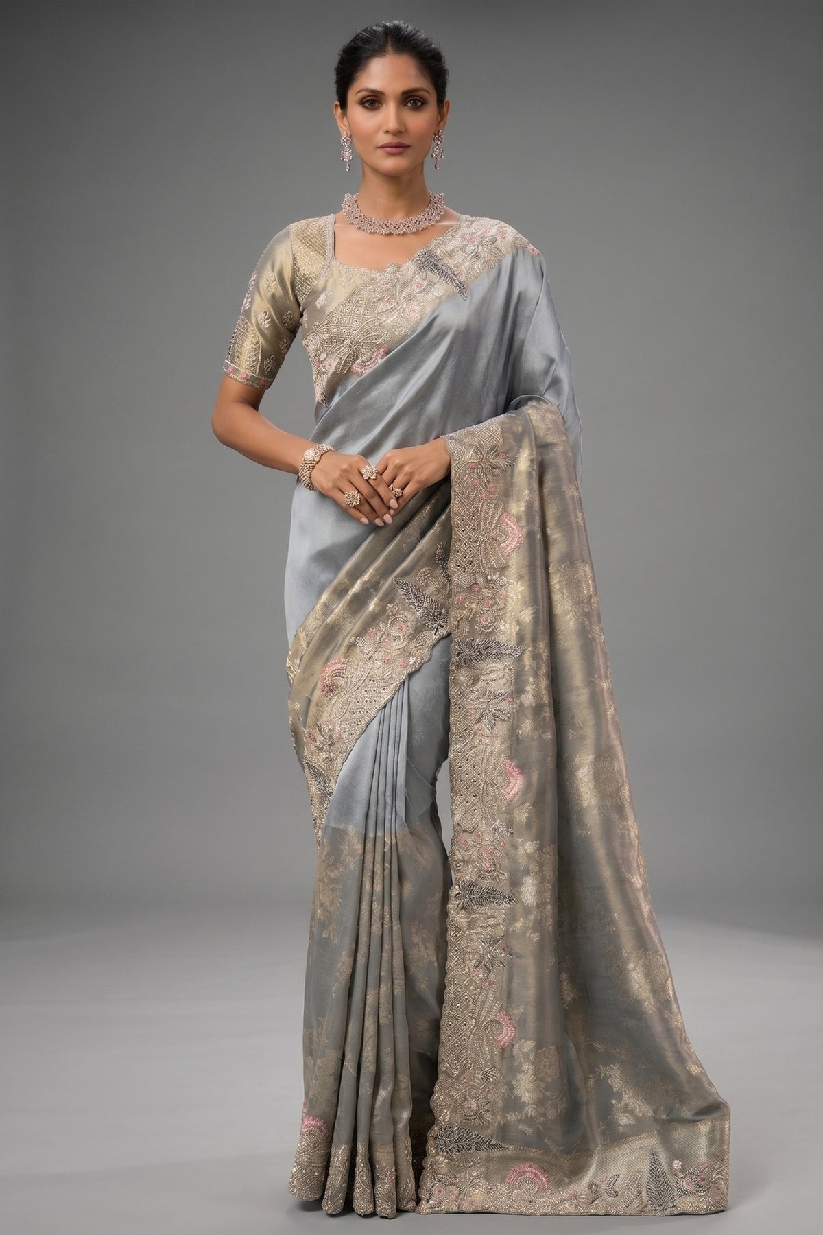 Smoky Grey Silk Saree with Embroidered Border - red silk saree embroidered