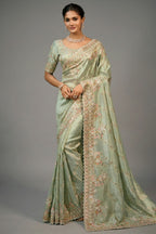 Light Pista Green Silk Saree with Embroidered Border - red silk saree embroidered