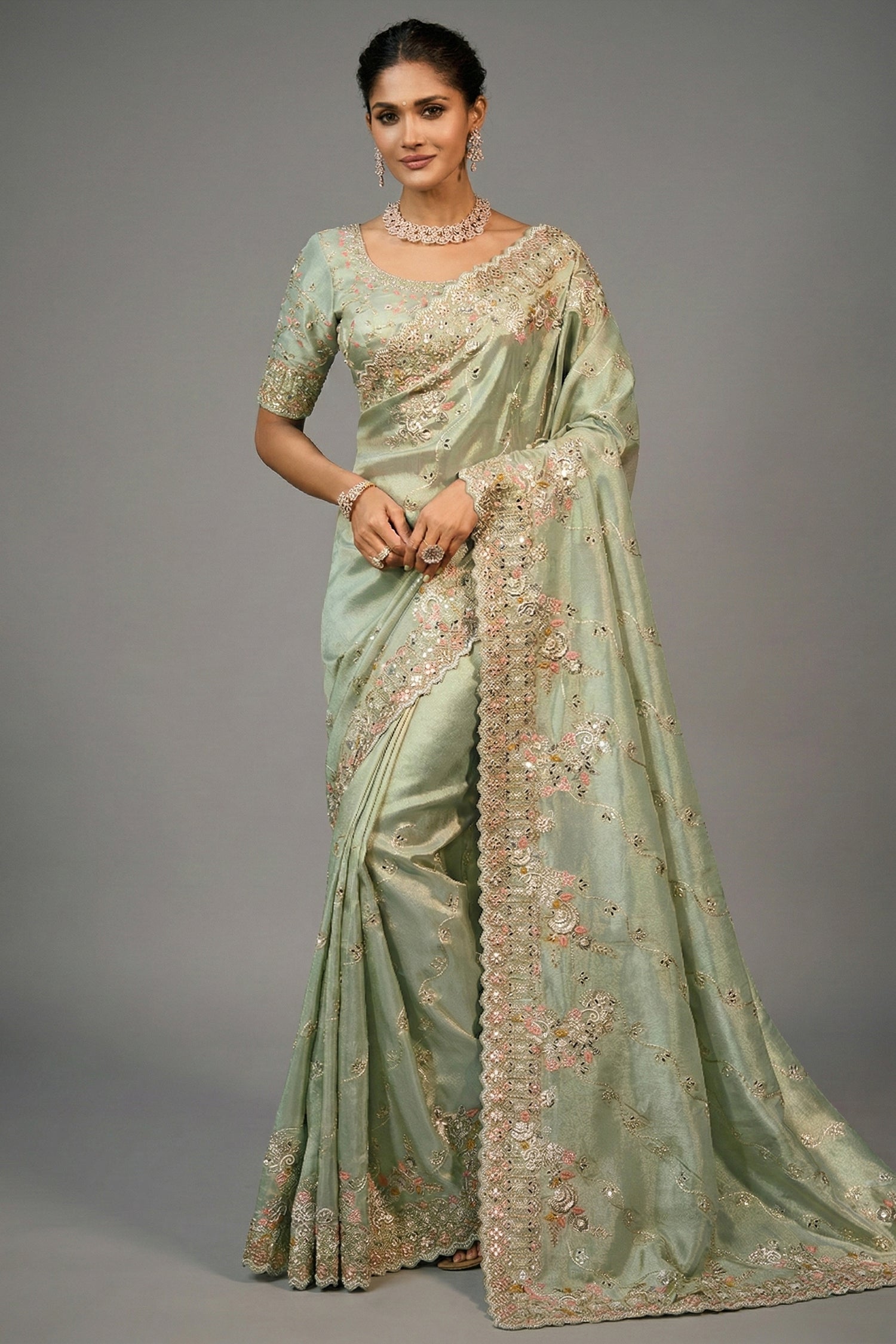 Light Pista Green Silk Saree with Embroidered Border - red silk saree embroidered