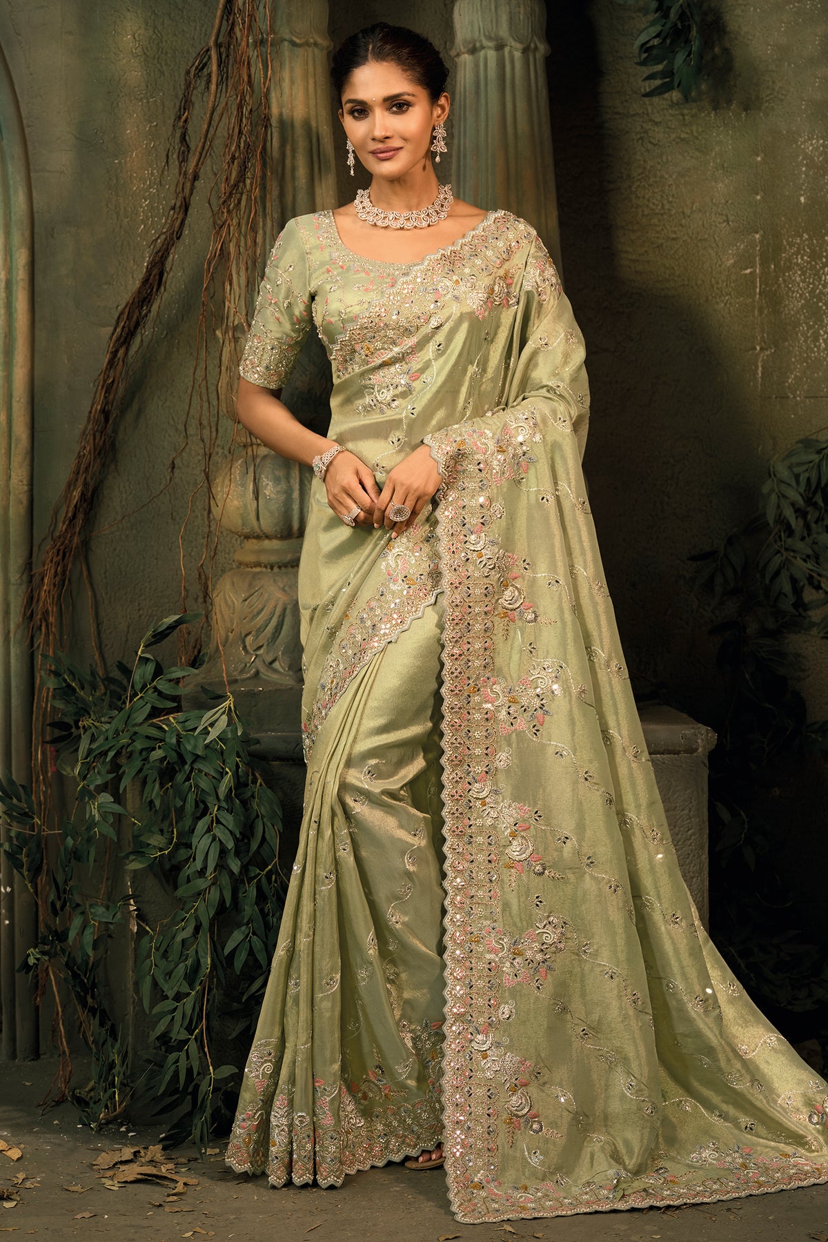 Light Pista Green Silk Saree with Embroidered Border - red silk saree embroidered