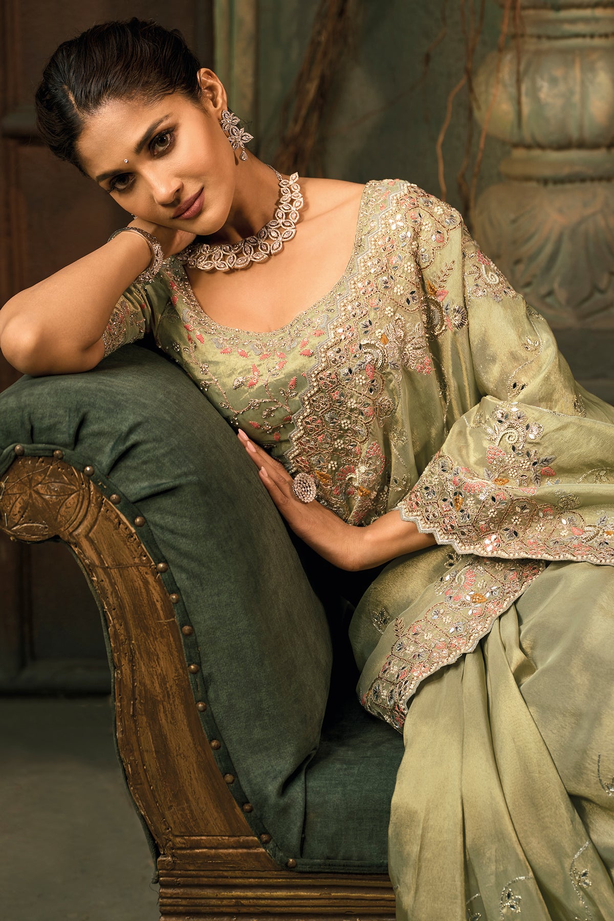 Light Pista Green Silk Saree with Embroidered Border - red silk saree embroidered
