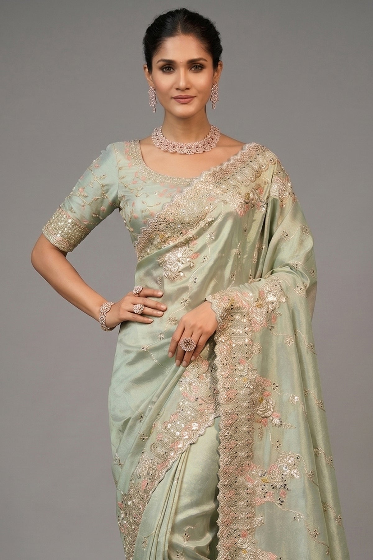 Light Pista Green Silk Saree with Embroidered Border - red silk saree embroidered