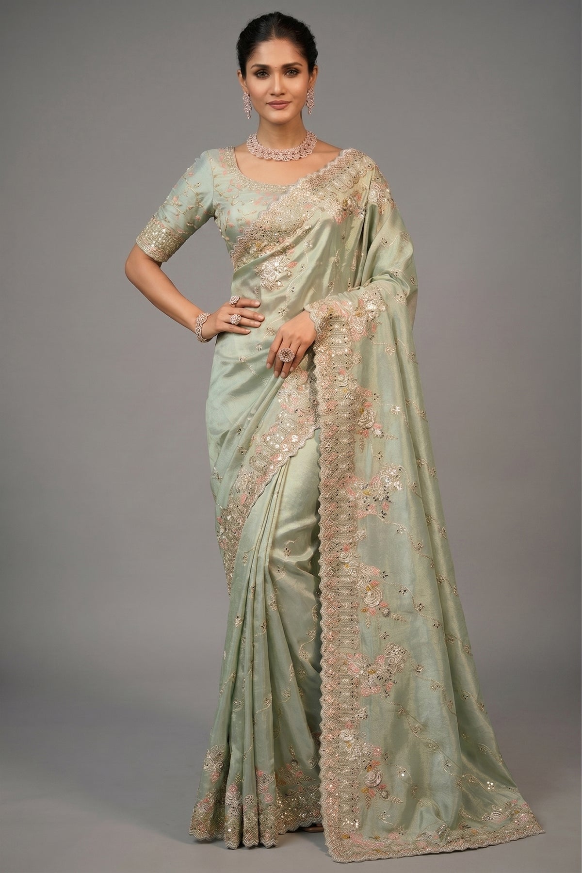 Light Pista Green Silk Saree with Embroidered Border - red silk saree embroidered