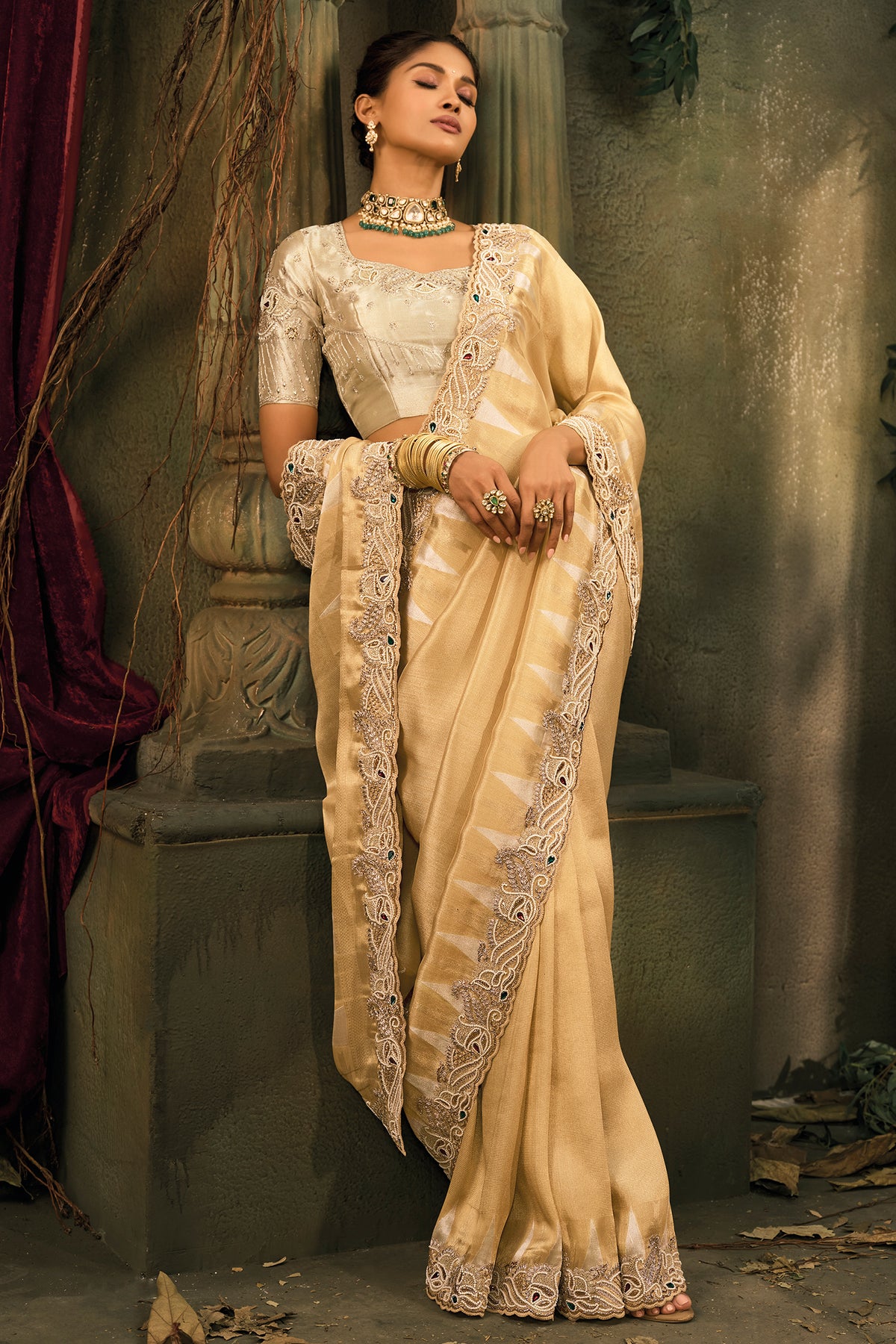 Rich Golden Beige Silk Saree with Embroidered Border - red silk saree embroidered