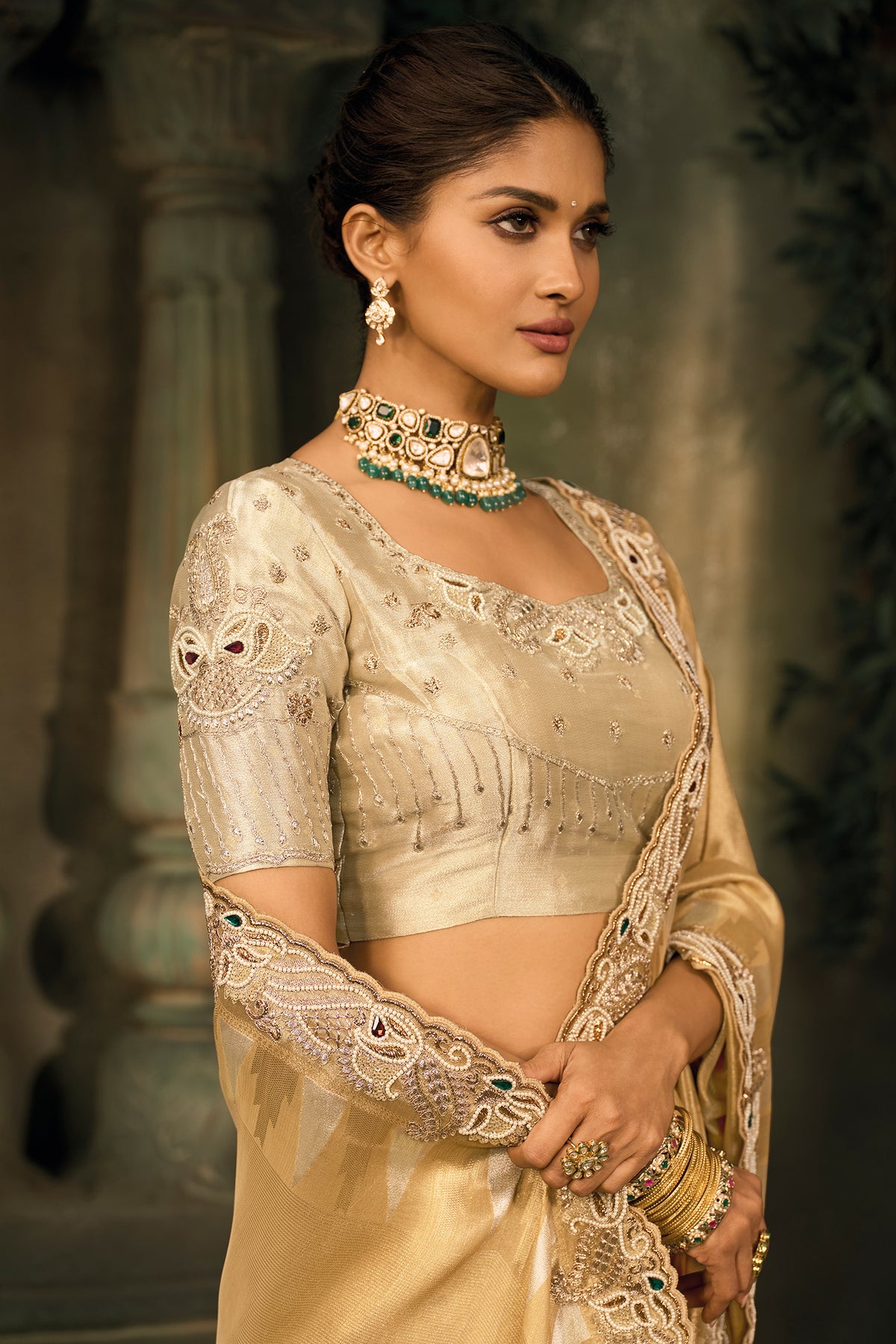 Rich Golden Beige Silk Saree with Embroidered Border - red silk saree embroidered