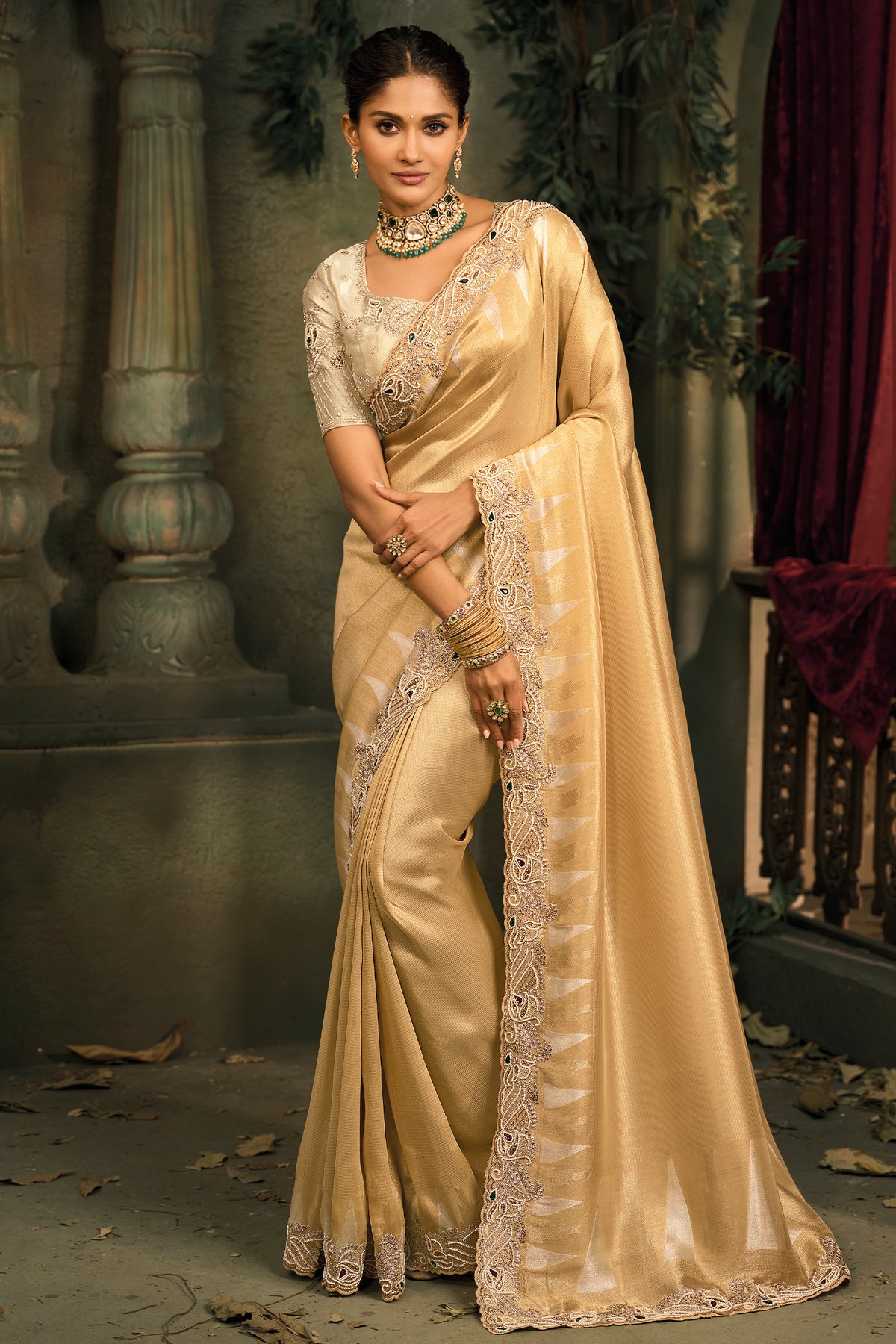 Rich Golden Beige Silk Saree with Embroidered Border - red silk saree embroidered