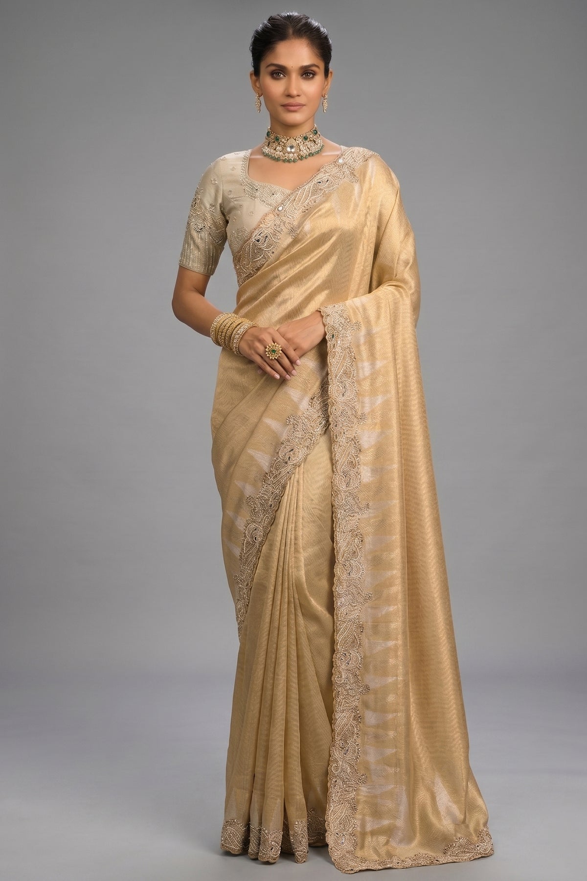 Rich Golden Beige Silk Saree with Embroidered Border - red silk saree embroidered