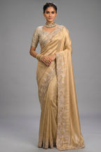 Rich Golden Beige Silk Saree with Embroidered Border - red silk saree embroidered