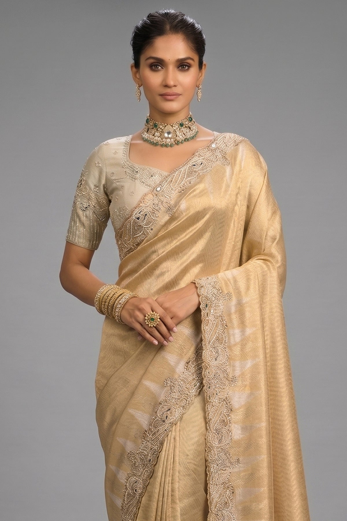 Rich Golden Beige Silk Saree with Embroidered Border - red silk saree embroidered