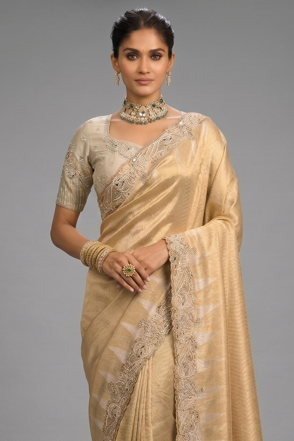 Rich Golden Beige Silk Saree with Embroidered Border - red silk saree embroidered