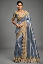 Steel Blue Silk Saree with Embroidered Border - red silk saree embroidered