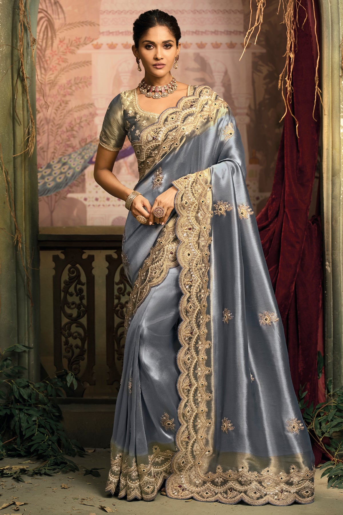 Steel Blue Silk Saree with Embroidered Border - red silk saree embroidered