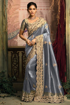 Steel Blue Silk Saree with Embroidered Border - red silk saree embroidered