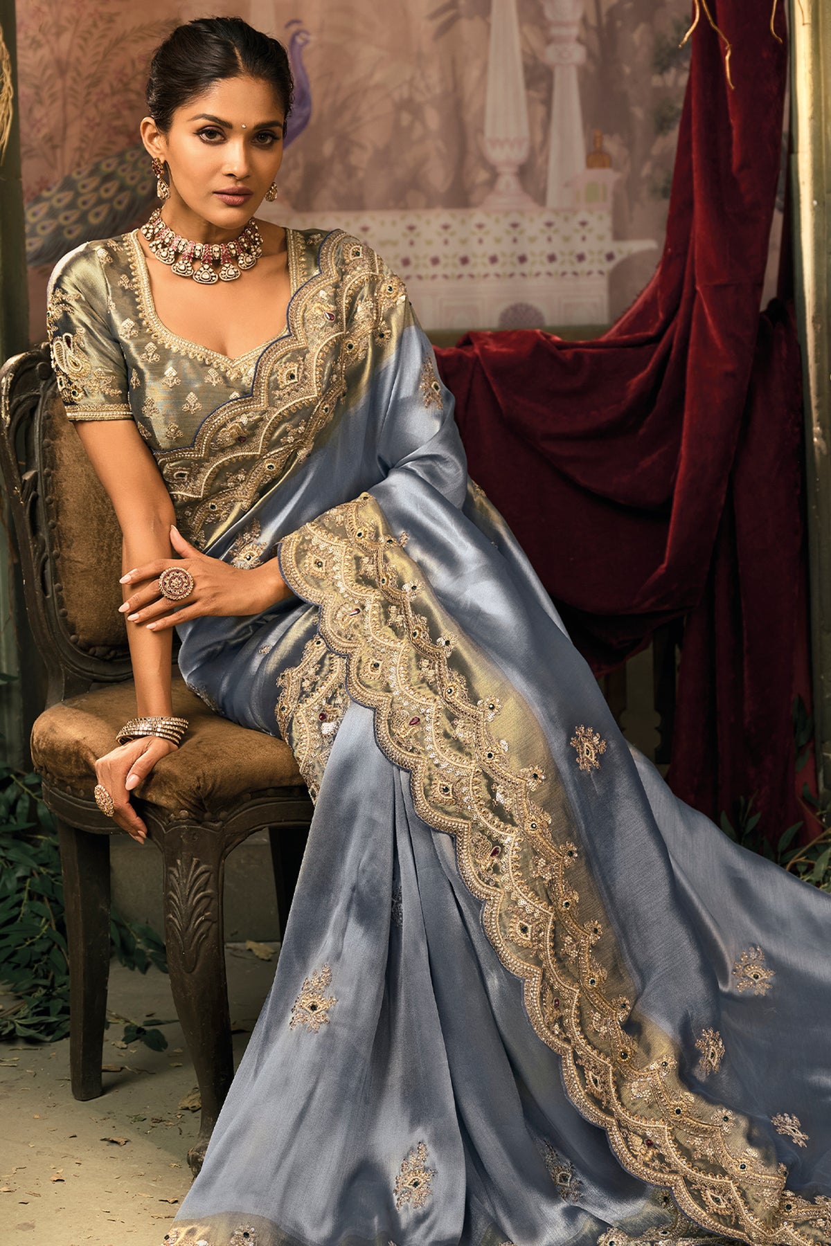 Steel Blue Silk Saree with Embroidered Border - red silk saree embroidered