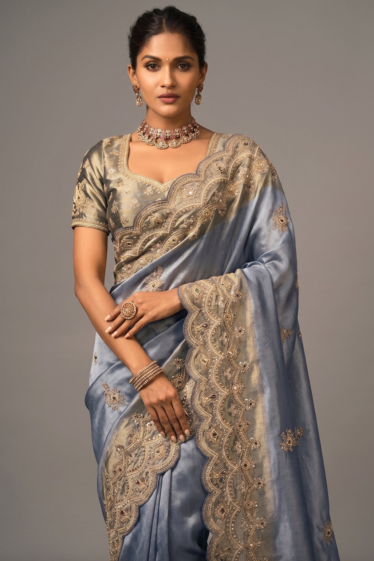 Steel Blue Silk Saree with Embroidered Border - red silk saree embroidered