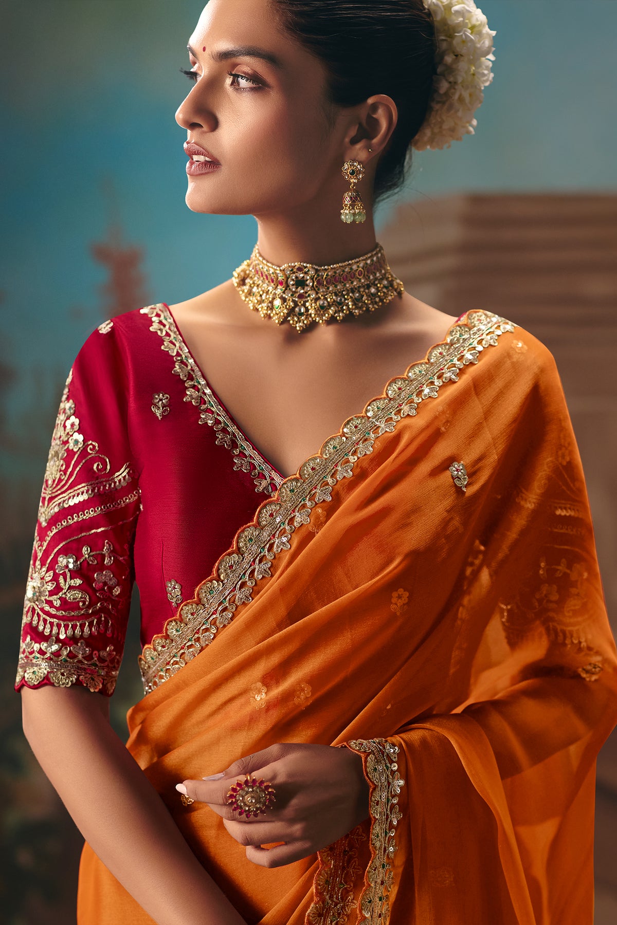 Orange Viscose Chiffon Saree With Embroidered Border And Sequin Work - red chiffon saree embroidered