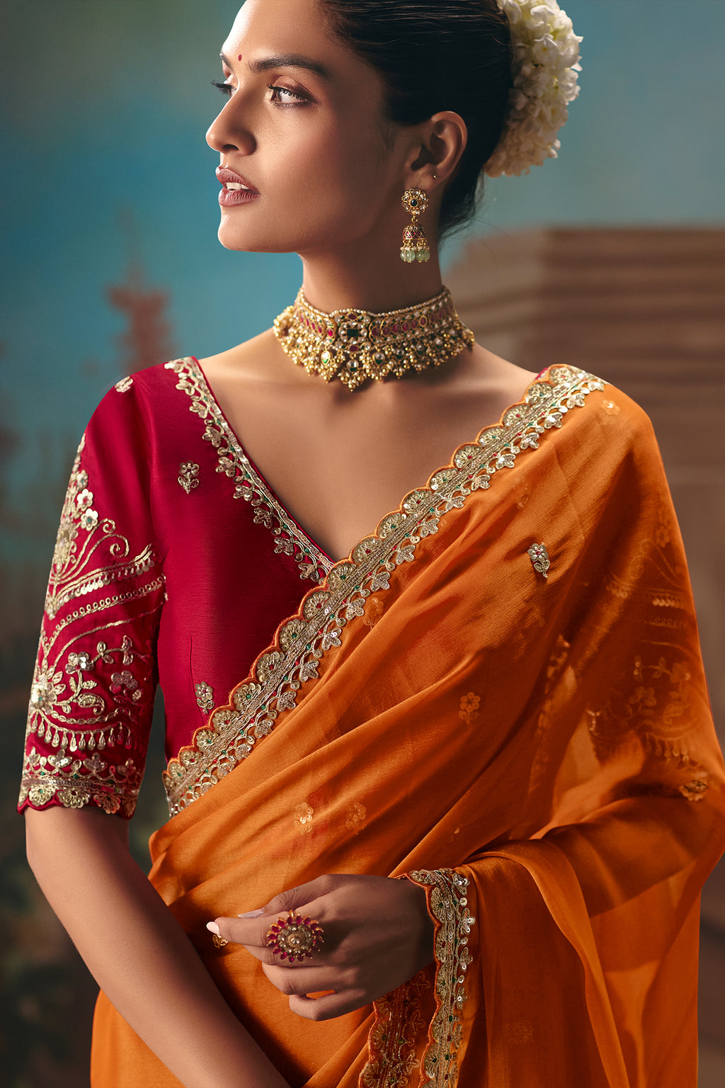 Orange Viscose Chiffon Saree With Embroidered Border And Sequin Work - red chiffon saree embroidered