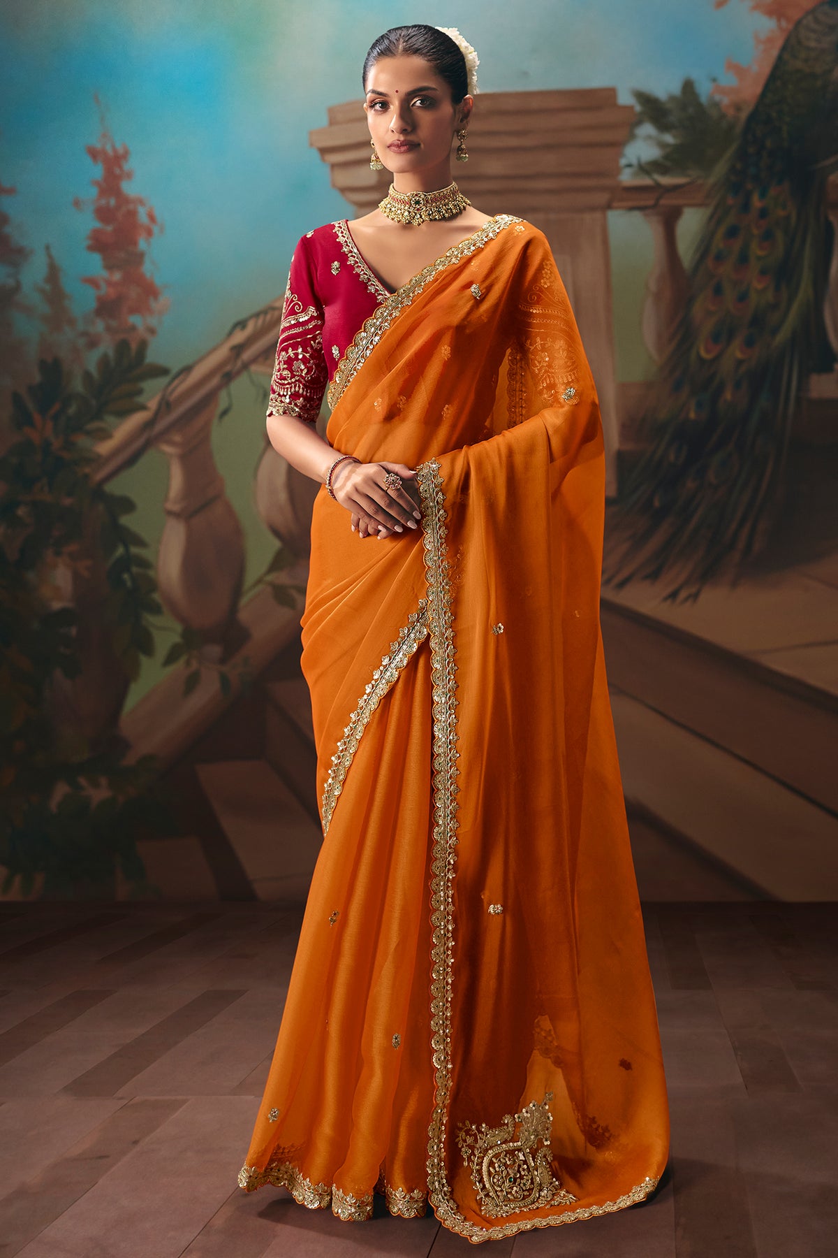 Orange Viscose Chiffon Saree With Embroidered Border And Sequin Work - red chiffon saree embroidered