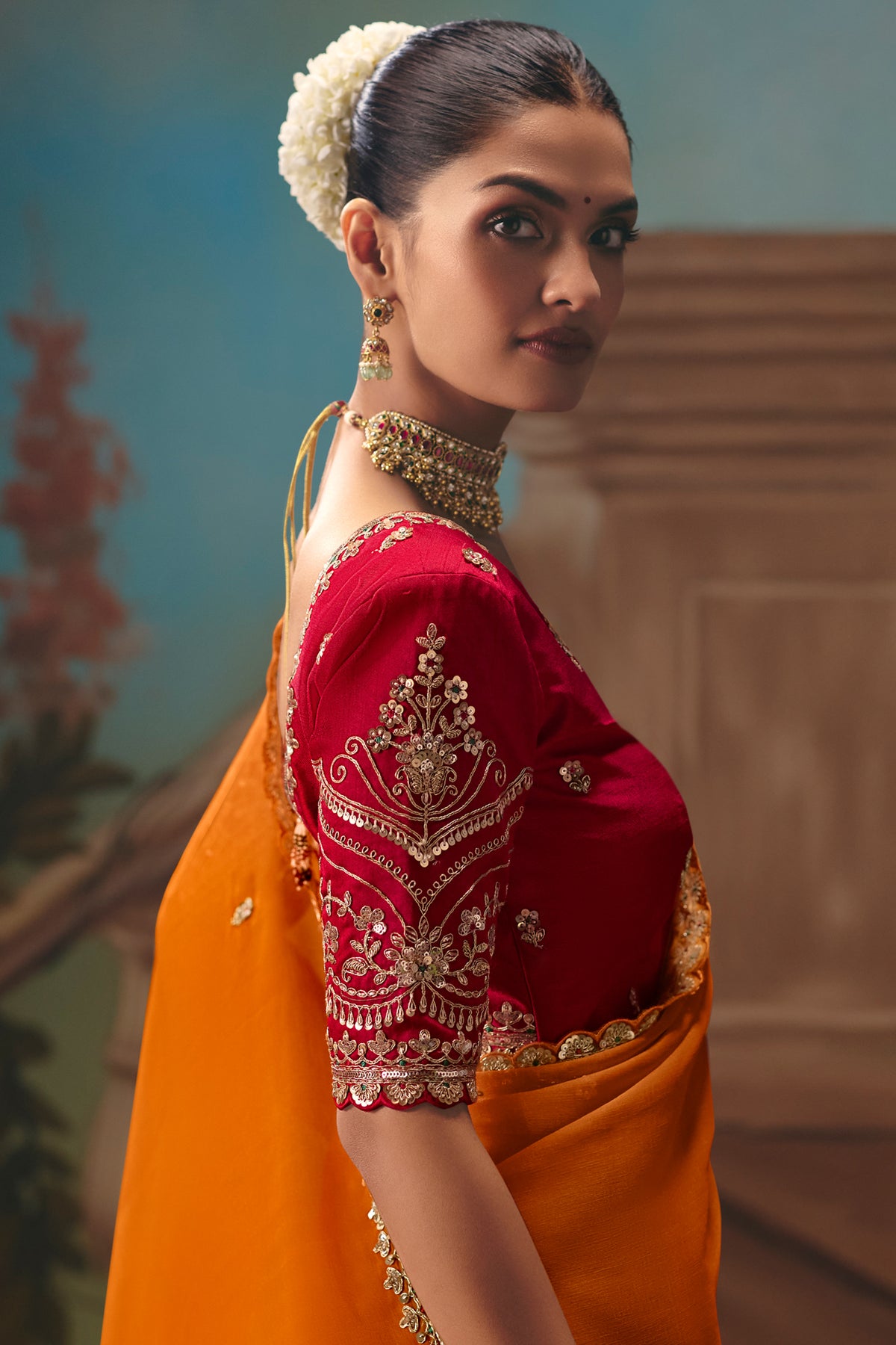 Orange Viscose Chiffon Saree With Embroidered Border And Sequin Work - red chiffon saree embroidered