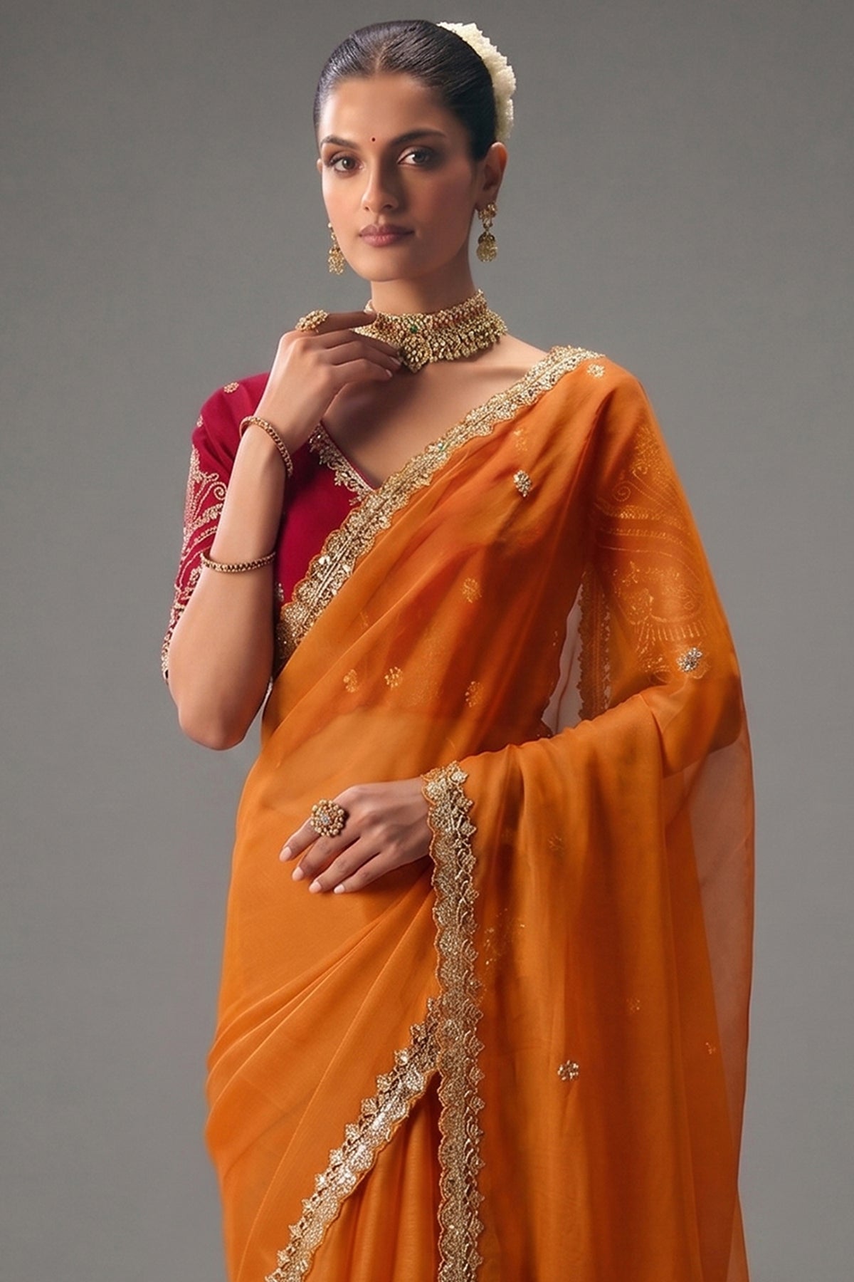Orange Viscose Chiffon Saree With Embroidered Border And Sequin Work - red chiffon saree embroidered
