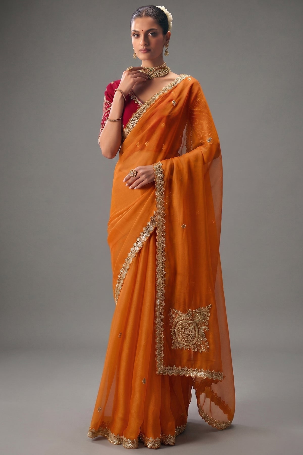 Orange Viscose Chiffon Saree With Embroidered Border And Sequin Work - red chiffon saree embroidered