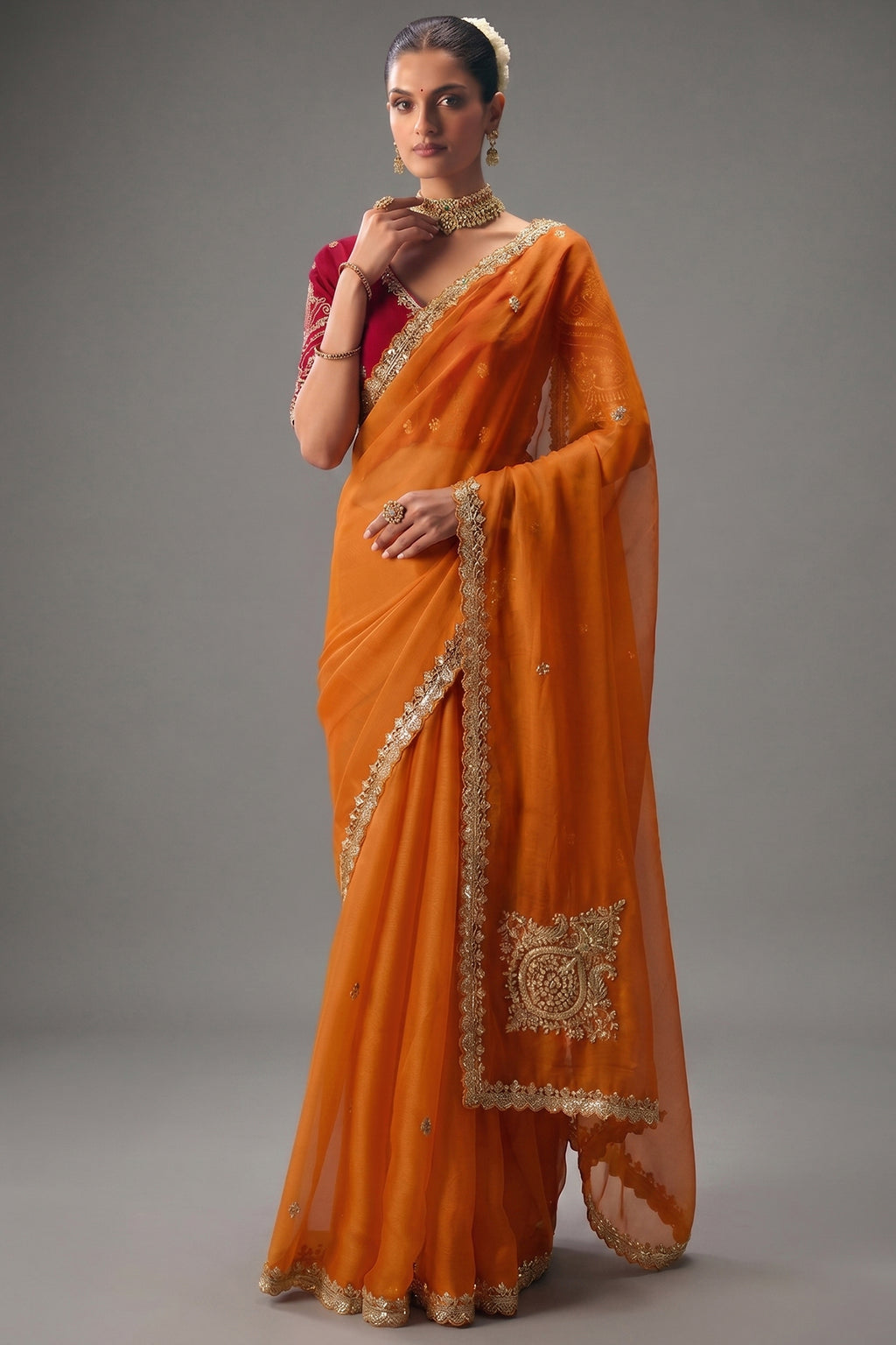 Orange Viscose Chiffon Saree With Embroidered Border And Sequin Work - red chiffon saree embroidered