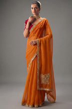 Orange Viscose Chiffon Saree With Embroidered Border And Sequin Work - red chiffon saree embroidered