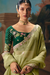 Pista Green Viscose Chiffon Saree With Floral Embroidery And Zari Border