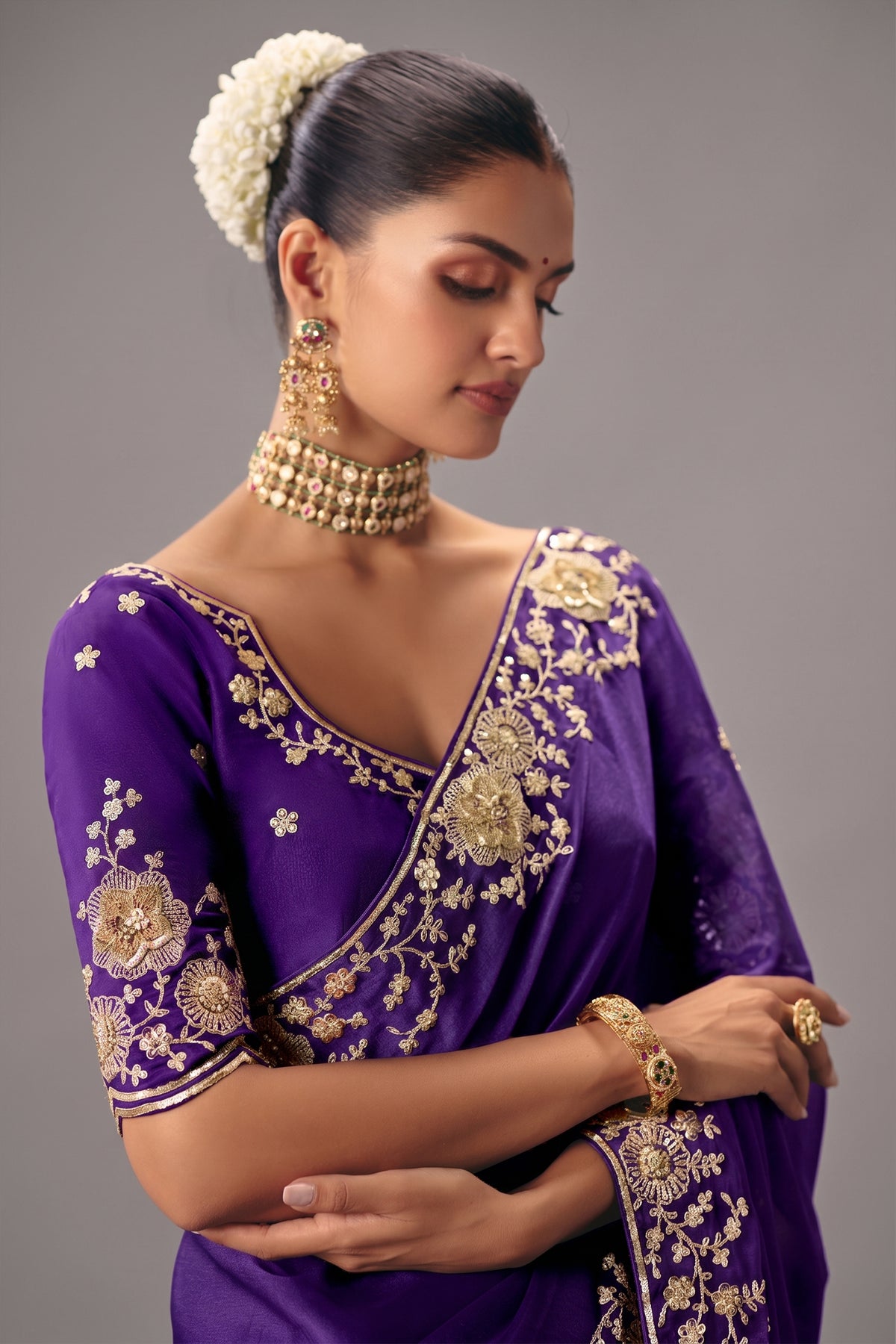 Royal Purple Viscose Chiffon Saree With All Over Embroidery In Zari And Sequins - purple chiffon saree embroidery