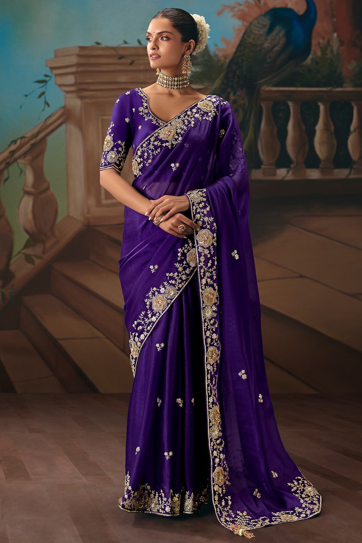 Royal Purple Viscose Chiffon Saree With All Over Embroidery In Zari And Sequins - purple chiffon saree embroidery