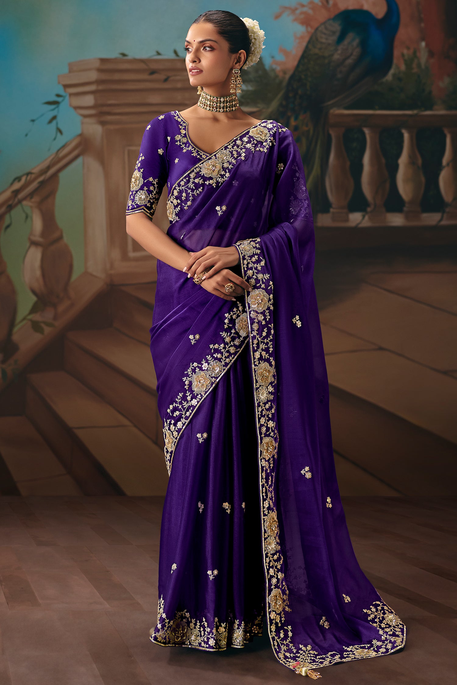 Royal Purple Viscose Chiffon Saree With All Over Embroidery In Zari And Sequins - purple chiffon saree embroidery