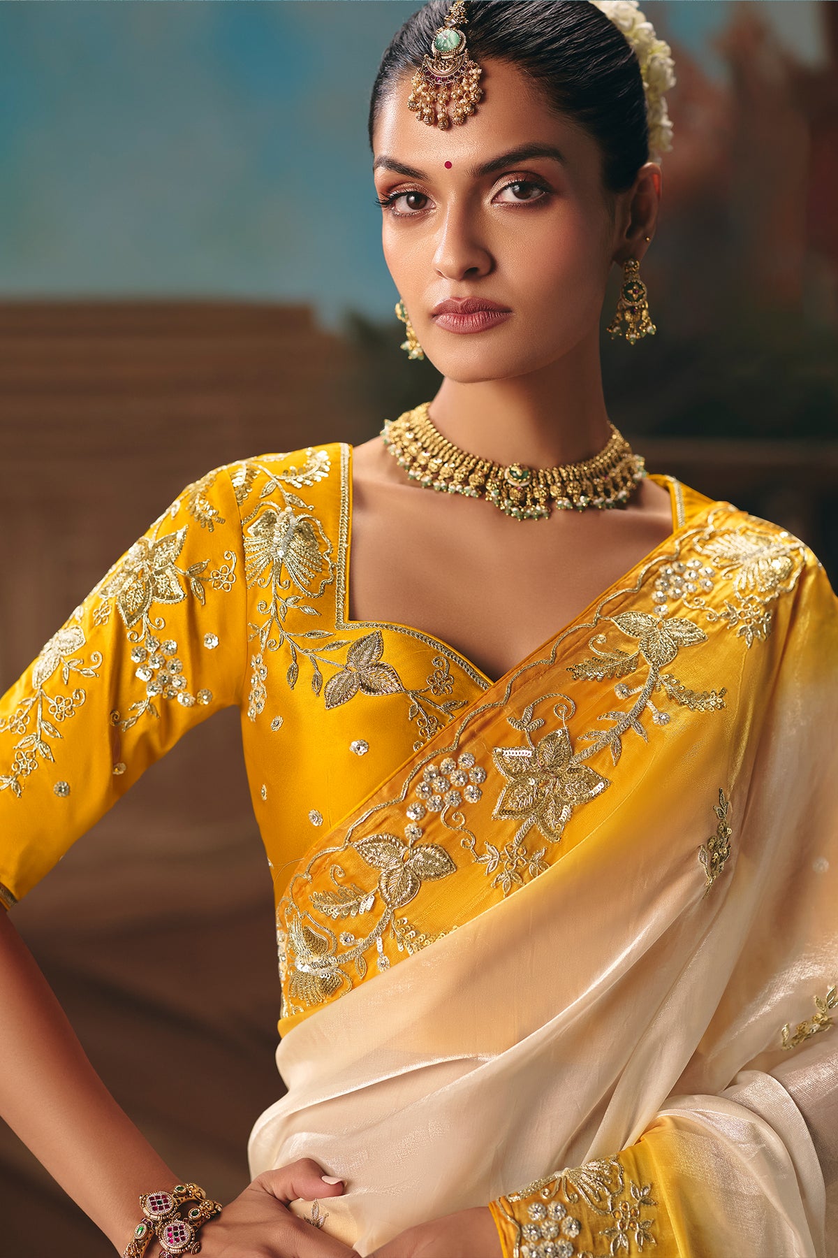 Ivory and Yellow Viscose Chiffon Saree With Heavy Zari Embroidered Border - red chiffon saree embroidered