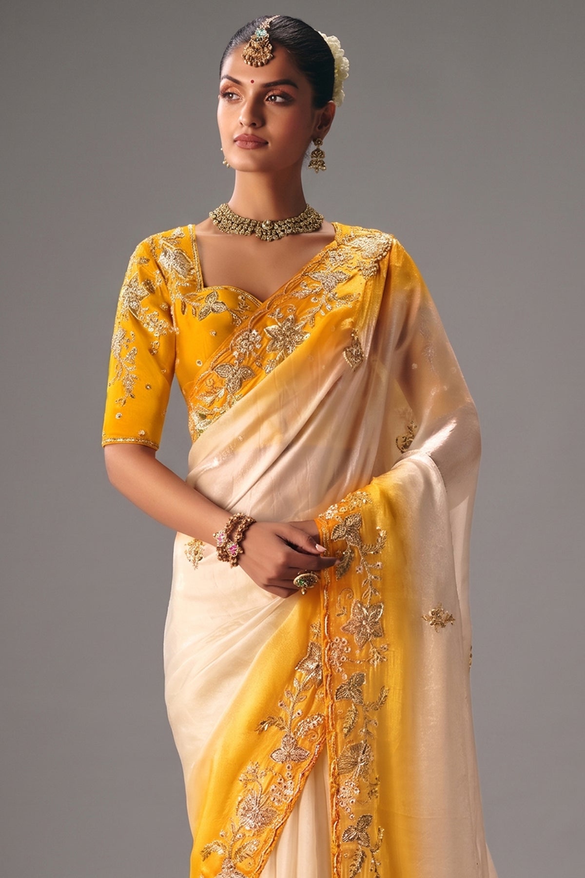 Ivory and Yellow Viscose Chiffon Saree With Heavy Zari Embroidered Border - red chiffon saree embroidered