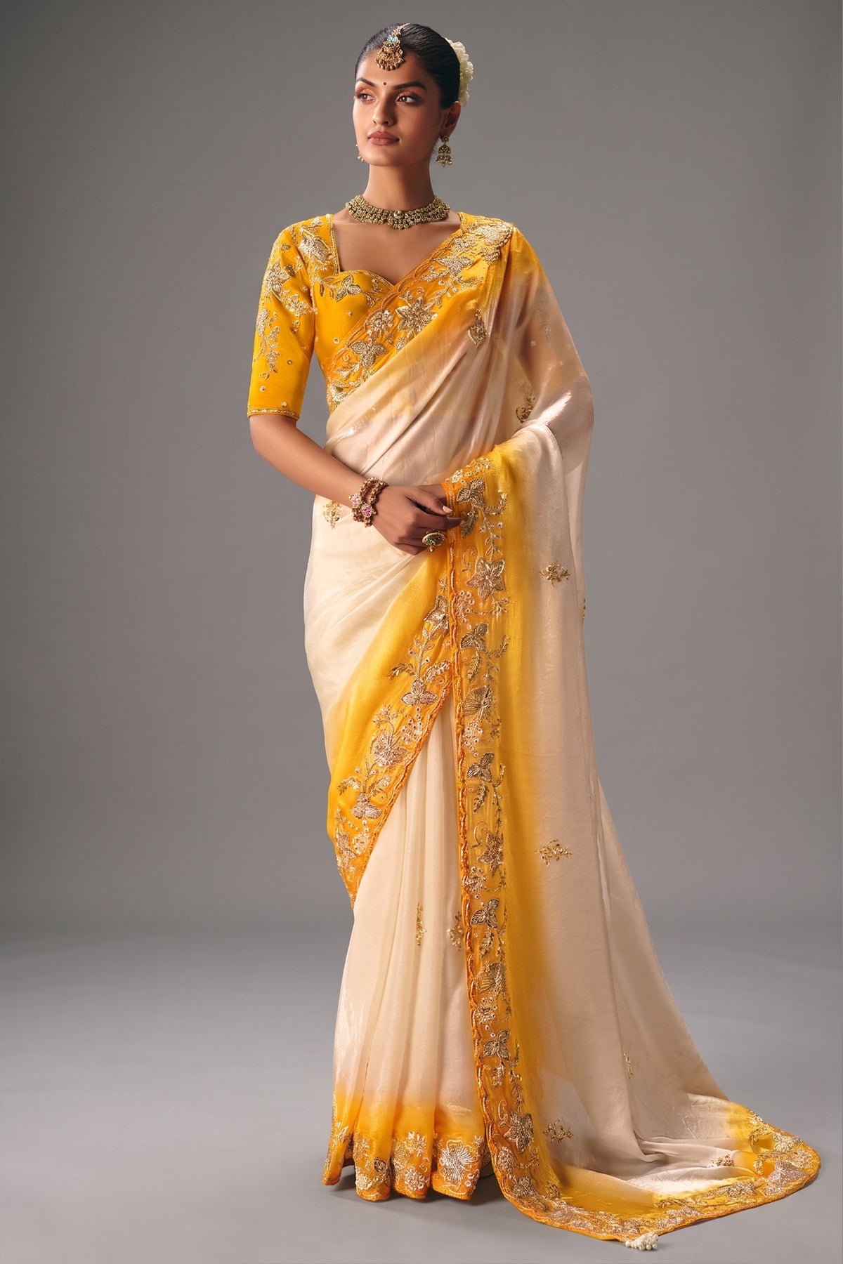 Ivory and Yellow Viscose Chiffon Saree With Heavy Zari Embroidered Border - red chiffon saree embroidered