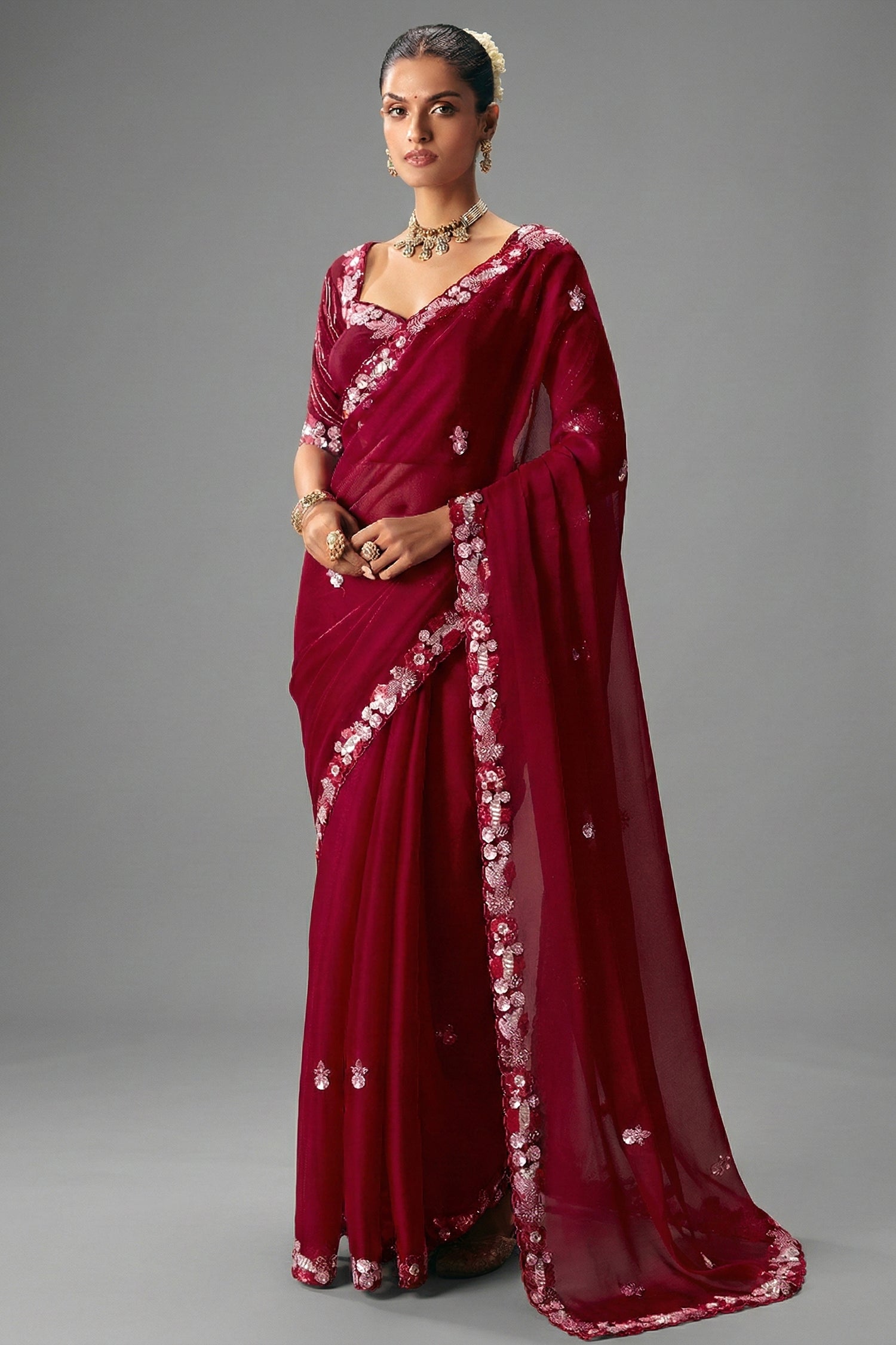 Maroon Viscose Chiffon Saree With Rich Floral Embroidery And Sequin Work - maroon chiffon saree embroidery Main image