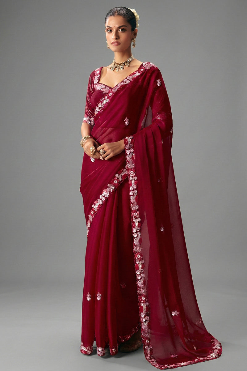 Maroon Viscose Chiffon Saree With Rich Floral Embroidery And Sequin Work - maroon chiffon saree embroidery
