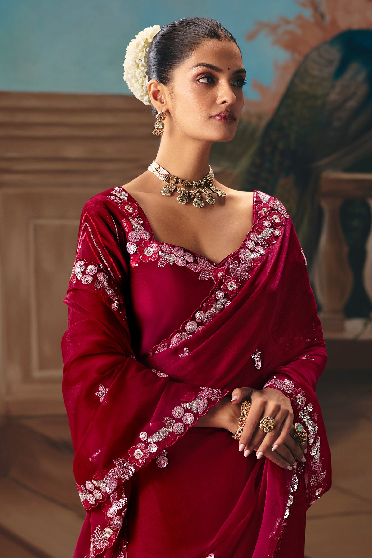 Maroon Viscose Chiffon Saree With Rich Floral Embroidery And Sequin Work - maroon chiffon saree embroidery