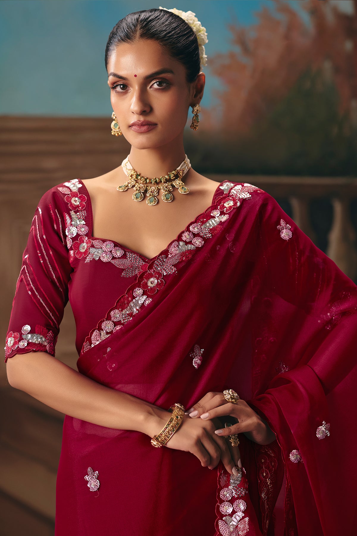 Maroon Viscose Chiffon Saree With Rich Floral Embroidery And Sequin Work - maroon chiffon saree embroidery