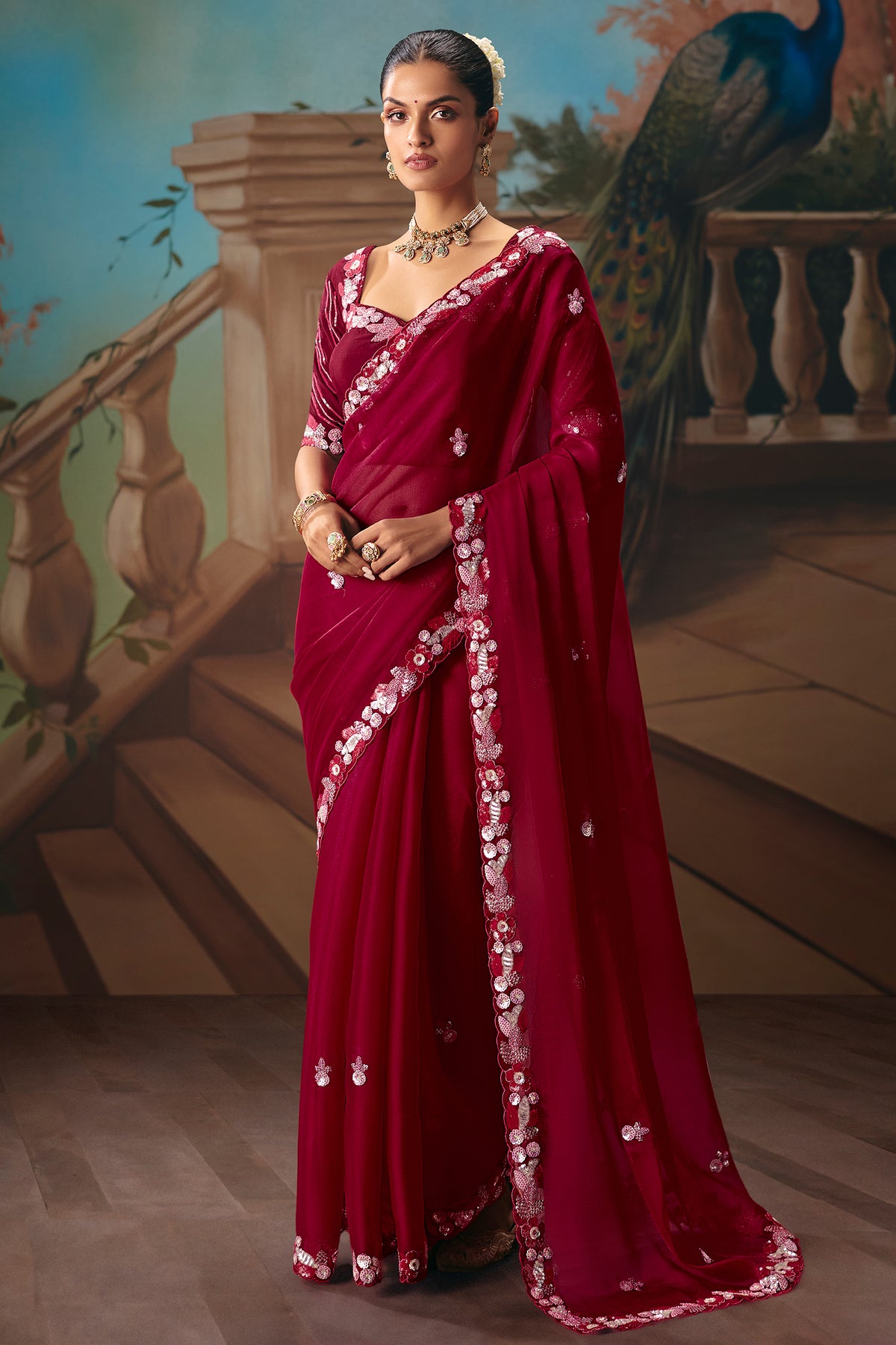 Maroon Viscose Chiffon Saree With Rich Floral Embroidery And Sequin Work - maroon chiffon saree embroidery