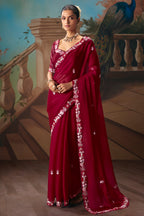 Maroon Viscose Chiffon Saree With Rich Floral Embroidery And Sequin Work - maroon chiffon saree embroidery